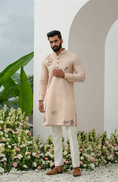 Self chanderi peach kurta set – Amrit Dawani