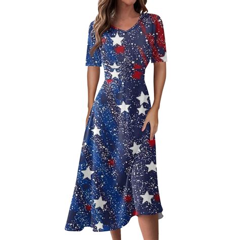 MGCWSH Fourth Of July Dresses for Women Star Stripes Soft V Neck Spring ...