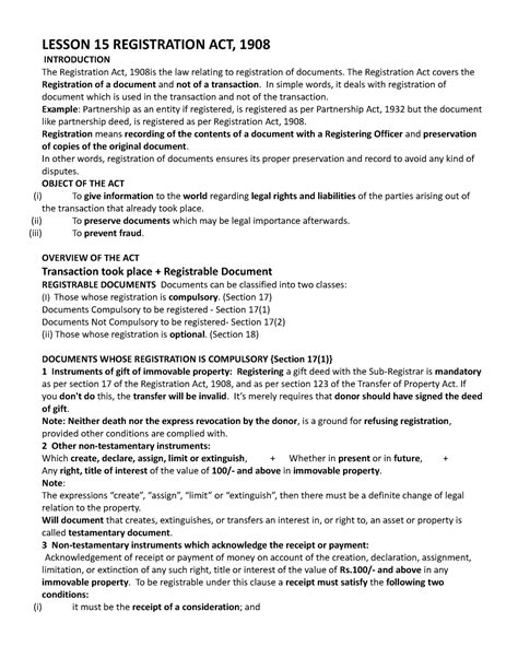 Chp 15 registration act - LESSON 15 REGISTRATION ACT, 1908 INTRODUCTION ...