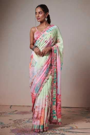 Buy Pink Saree Cotton Silk Print Floral Cassata With Unstitched Blouse ...