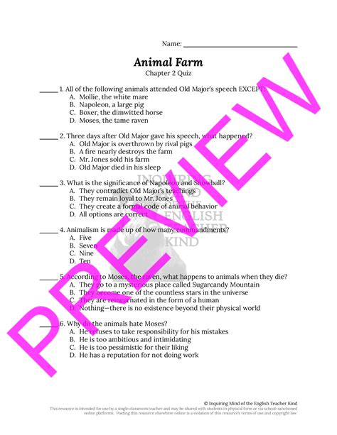 Animal Farm Chapter 2 Quiz and Answer Key | Teaching Resources