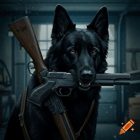 A German Shepherd dog holding a large revolver in its mouth stands in a ...