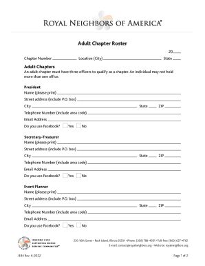 Fillable Online Royal Neighbors Adult Chapter Roster, Form 884. Royal ...