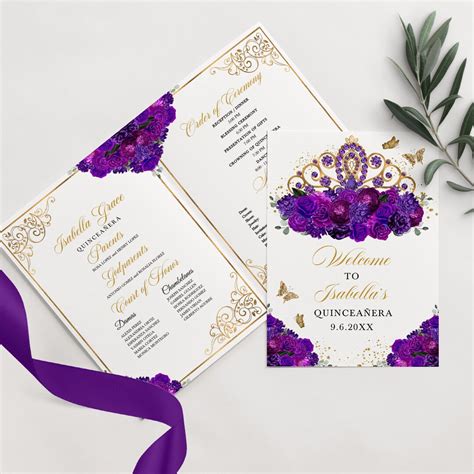 Buy EDITABLE Program Template, Purple & Gold Tiara Princess Quinceanera ...