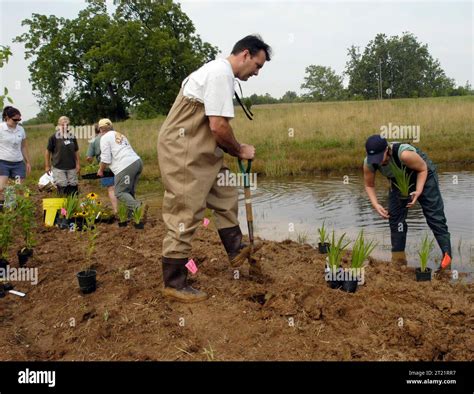 Six people wearing waders and boots work together to restore a wetland pond during a Wonders of ...