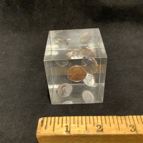 Vintage Acrylic Lucite Floating PENNY 1975 D Pennies Cube Paperweight 2 ...