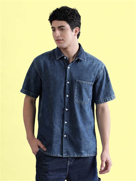 Trendy Men's Dark Blue Boxy Fit Half Sleeves Denim Shirt with Contrast ...