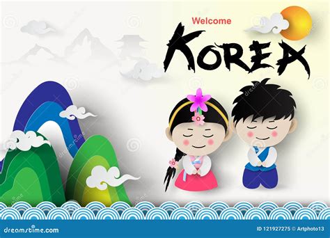 Paper Art of Welcome Korea Traditional Boy and Girl in Korean C Stock ...