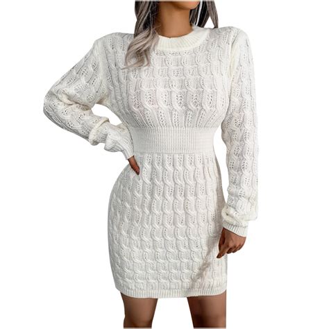 Long Sleeve Sweater Dress for Women Solid Color High Waist Knitted ...