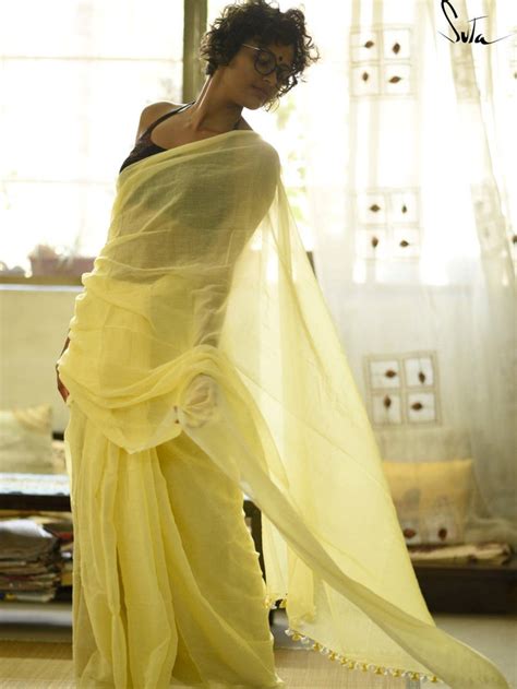 Mulmul Cotton Yellow Transparent Saree|Lemon Yellow|Suta