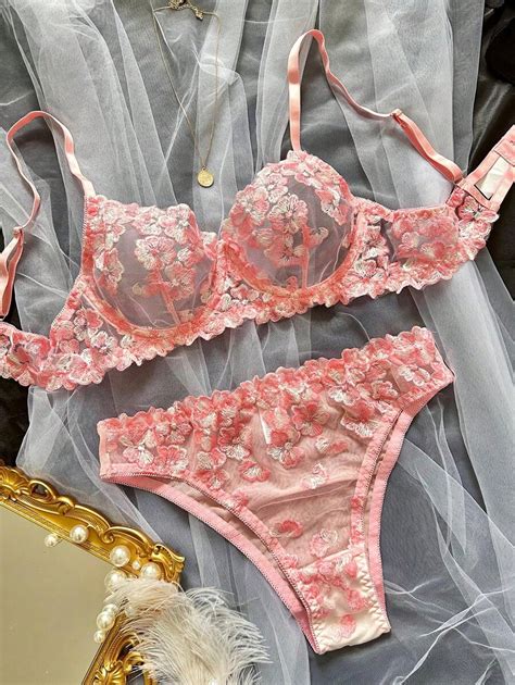 Sexy Lingerie Set For Women, Floral Embroidery Mesh Sheer Two-Piece Bra ...