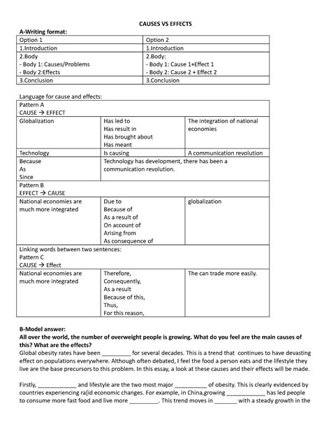 Causes VS Effects - Grammar - CAUSES VS EFFECTS A-Writing format: Option 1 Option 2 1 1 2 Body 1 ...