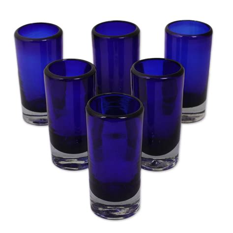 NOVICA Artisan Crafted Hand Blown Blue Recycled Glass Shot Glasses, 2 ...
