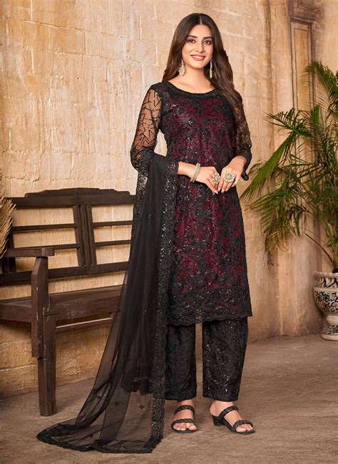 Best Indian Dress In Net | Pakistani Net embroidered suit in Black and ...
