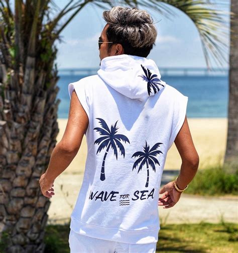 夏 ☆ WAVE SEA PALM TREE 刺繍 スウェット ノースリーブ パーカー メンズ タンクトップ サーフ 海 Tシャツ フード ...