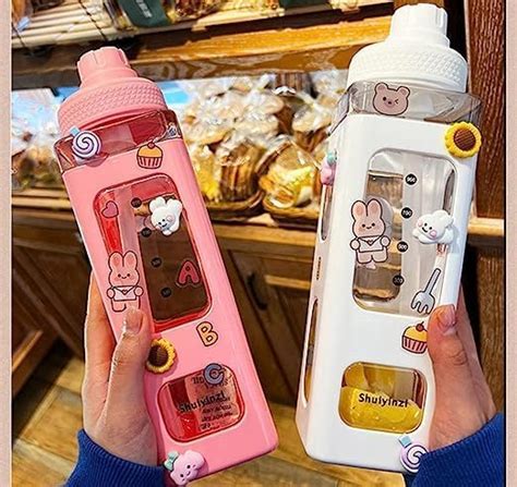 JHTPSLR Large Kawaii Water Bottle With Straw And 3D Stickers Cute ...