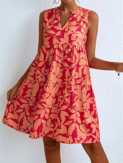 SHEIN VCAY Allover Plant Print Notch Neck Ruffle Hem Dress | SHEIN USA