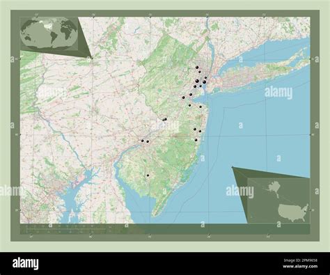 New Jersey, state of United States of America. Open Street Map. Locations of major cities of the ...