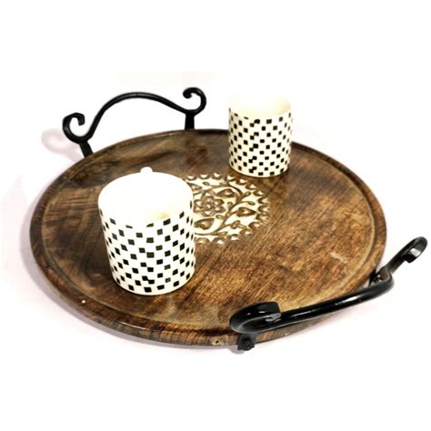 Buy Ag handicrafts Metal Handle Wooden Carving Serving Tray for Dinning ...