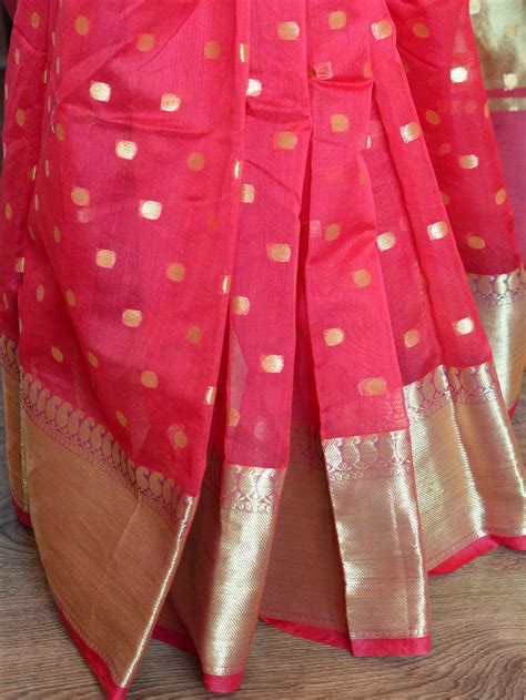 Banarasee Chanderi Cotton Zari Polka Dots With Skirt Border-Red