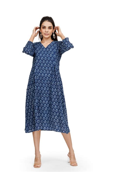 Indigo Floral Branch Hand Block Dress - Tilohri