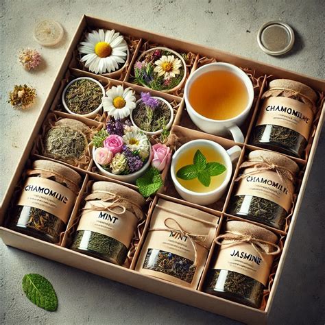 A gift set of herbal teas with soothing blends like chamomile, mint ...