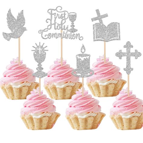 36 PCS First Holy Communion Cupcake Toppers Glitter Dove Cross God ...