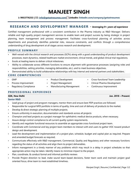 Research and Development Manager (Pharma) Resume Examples & Template (with job winning tips)