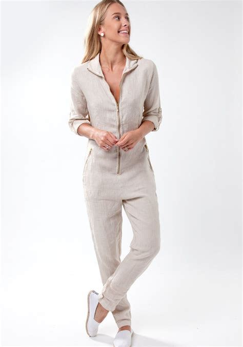 100% LINEN ZIP-UP LONG FITTED JUMPSUIT IN NATURAL | Linen jumpsuit ...