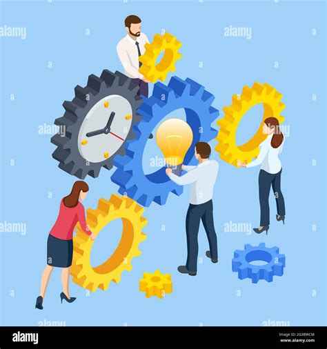 Isometric Business Process. Business team connect pieces of gears. Project planning, cooperation ...