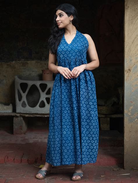 Buy Soft Mul Cotton Dabu Hand Block Print Halter Dress - Indigo Flora ...