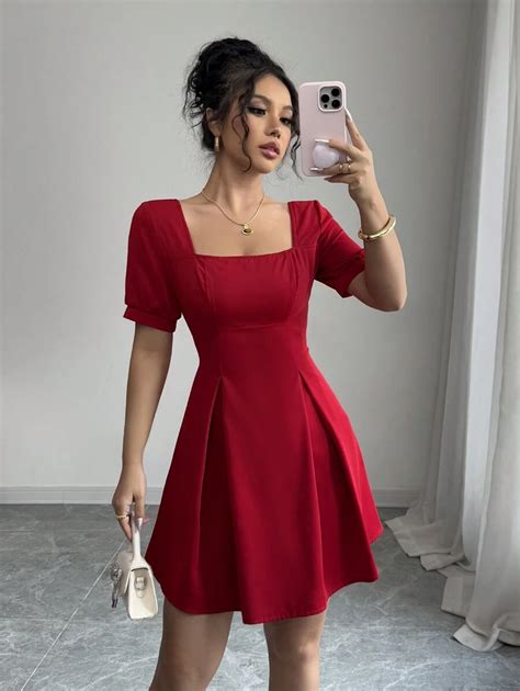 Gloray Women Square Neck Cinched Waist A-Line Mini Dress, Short Sleeve ...