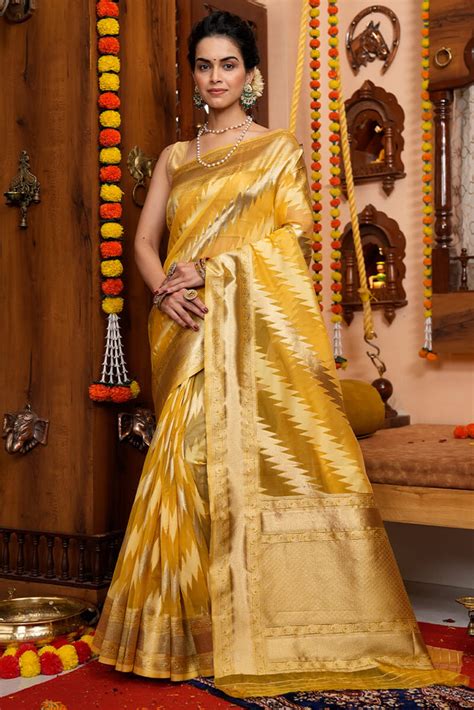 Tremendous Yellow Organza Silk Saree With Redolent Blouse Pi