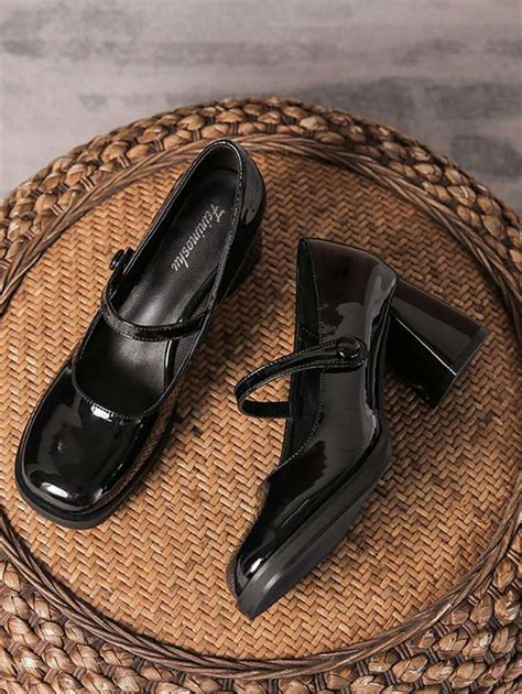 Women's Black Chunky Heel Mary Jane Shoes With Platform And Square Toe ...