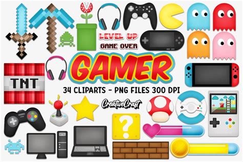 Videogame Clipart, video game graphic set, illustrations