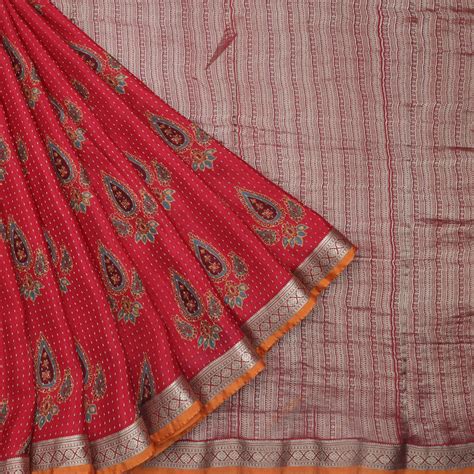 Ruby Red Color Silk Saree With Printed Floral Buttas – Singhania's
