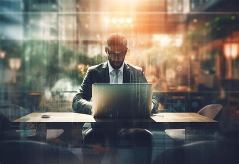 Double exposure photo of a business man using laptop on his desk front ...