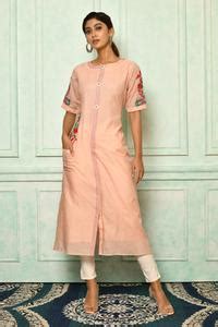 Buy Peach Cotton Chanderi Embroidery Poppy Flower Round Neck Straight ...