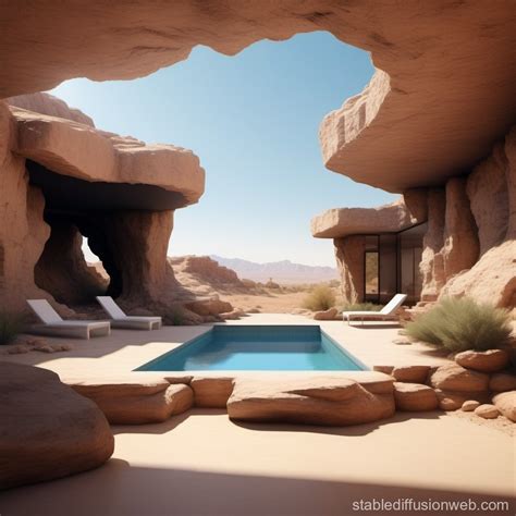 Modern House with Cave Pool in Desert | Stable Diffusion Online