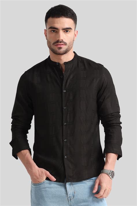Shop Black Textured Mandarin Collar Shirt online in India – OLDLOVE