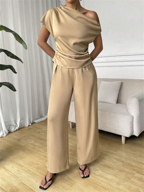 SHEIN Essnce Asymmetrical Neck Ruched Top & Wide Leg Pants Set Outfit ...