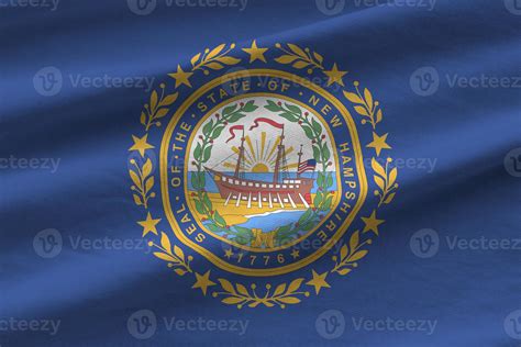 New Hampshire US state flag with big folds waving close up under the ...