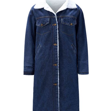 Furry Inside Denim Long Coat Heated Warm Winter Coat Flap Pockets ...