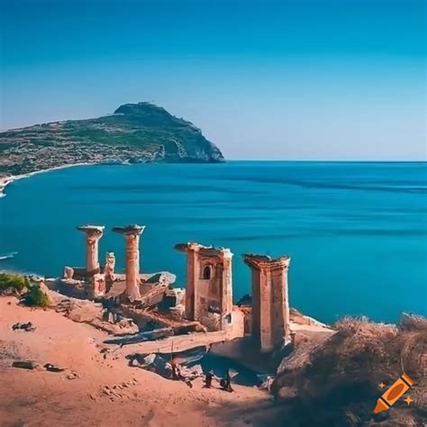 Ancient Greek coastal village ruins with beach on Craiyon