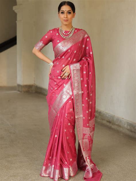 Banarasee Handwoven Semi-Chiffon Saree With Silver Zari Work-Rose Pink