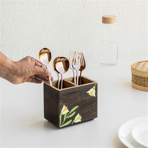 Aurum Crafts | Premium Handpainted Wooden Cutlery Stand (Size 5.5in x 3 ...