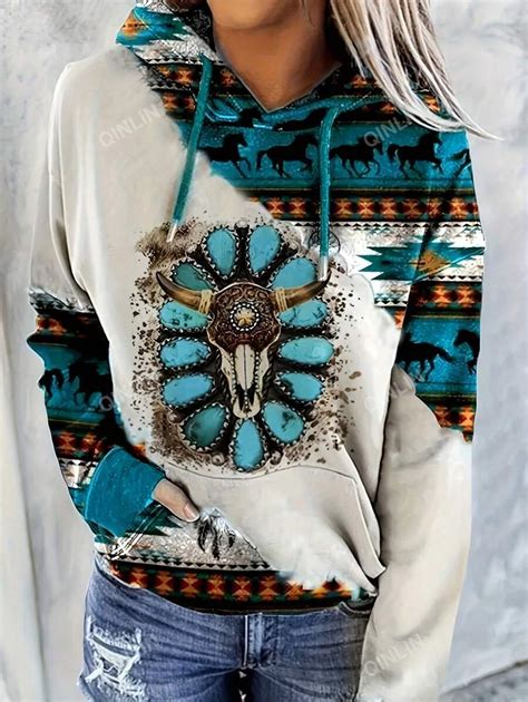 Elephant & Geo Print Kangaroo Pocket Drop Shoulder Drawstring Hoodie ...