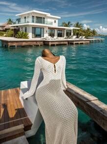 Crocheted V-Neck Backless Ruched Waist Bodycon Dress For Holiday,Women ...