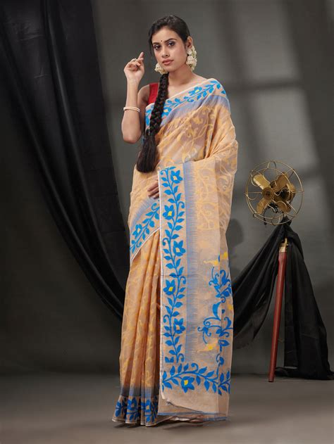 Beige Cotton Dhakai Jamdani Handwoven Saree With Nakshi Designs ...