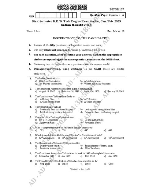 Bicok B.Tech 1st Sem Indian Constitution Exam Paper Jan/Feb 2023 - Studocu